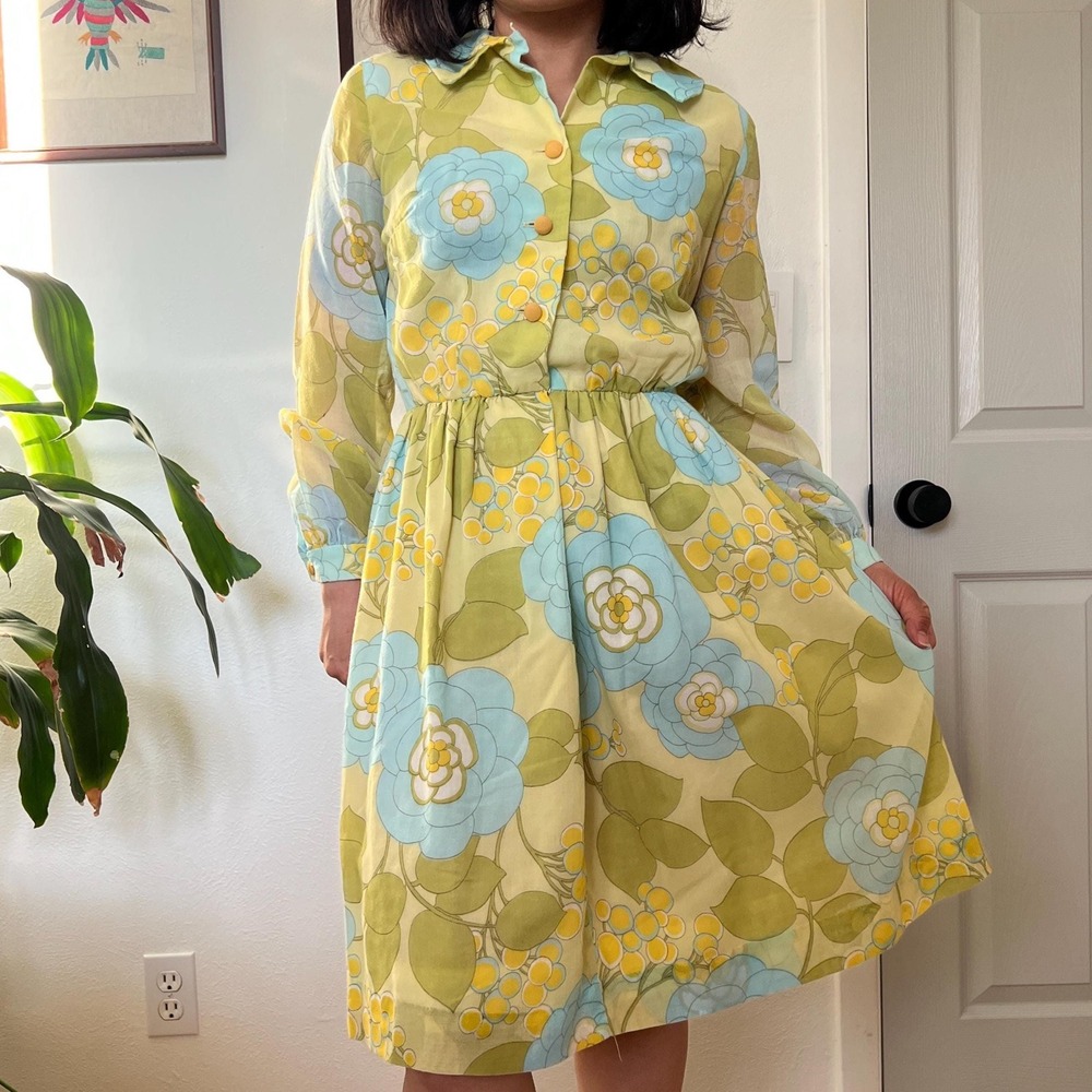 Vintage 60s Floral Dress Long Sleeve Blue Yellow Small Medium romantic Boho - Picture 3 of 12